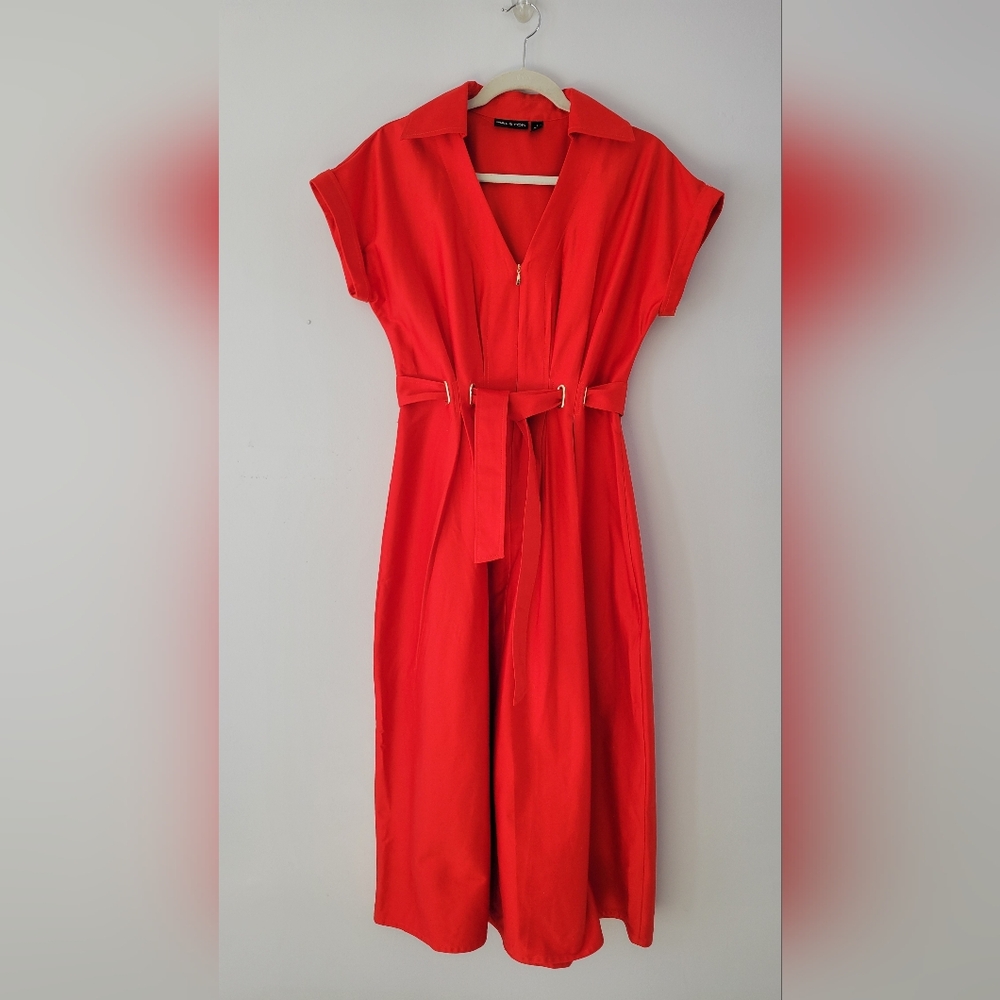 Halston Red Cuffed Sleeve Zip Front Midi Shirt Dress Size 6